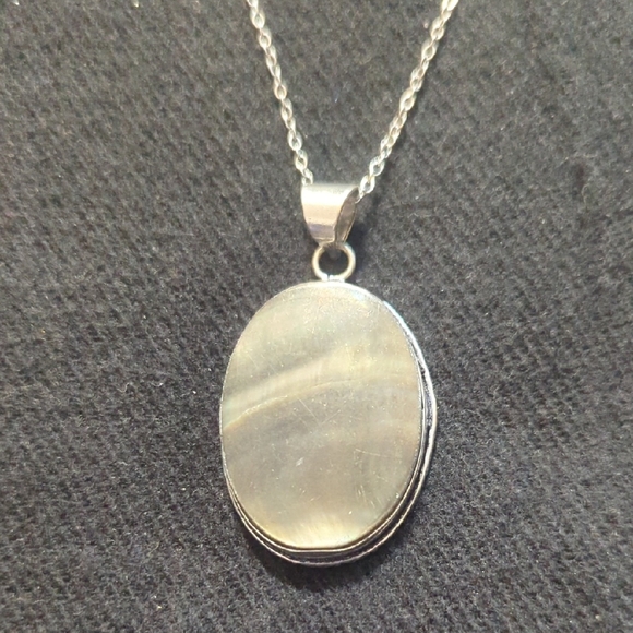 Hand Crafted Jewelry - Silver Plated Grey Iridescent Abalone Shell Pendant Statement Necklace